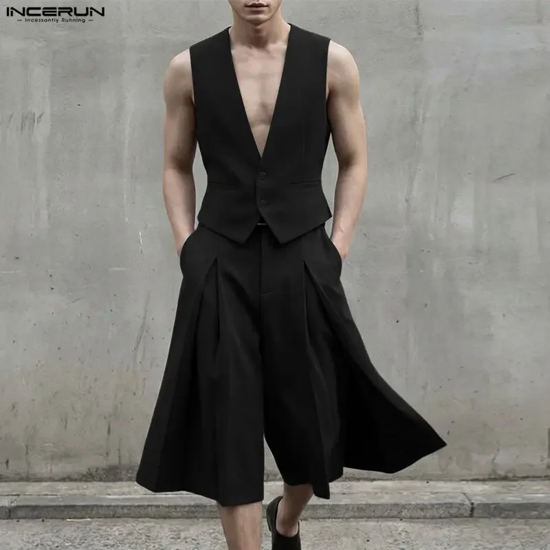 

INCERUN Men Marching Sets Solid Color V Neck Sleeveless Vests Wide Leg Shorts 2 Piece Sets Streetwear Fashion Casual Men's Sets