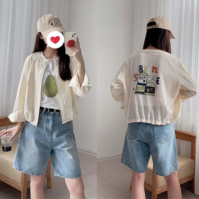 

MICOAT Pure Original Casual Anti-Aging Chic Summer Ba Me Hollow out Embroidered Coat Women's Loose Fit Long Sve Zipper