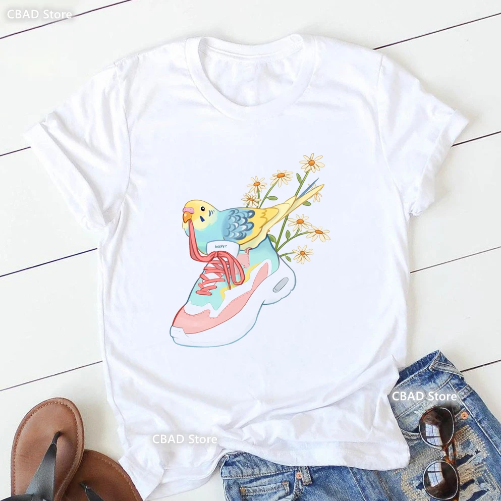 Cockatiels Tie Shoelaces Print T Shirt Girls Little Daisy Flowers Tshirt Women'S Clothing Kawaii Parrot Bird Loves T-Shirt Tops