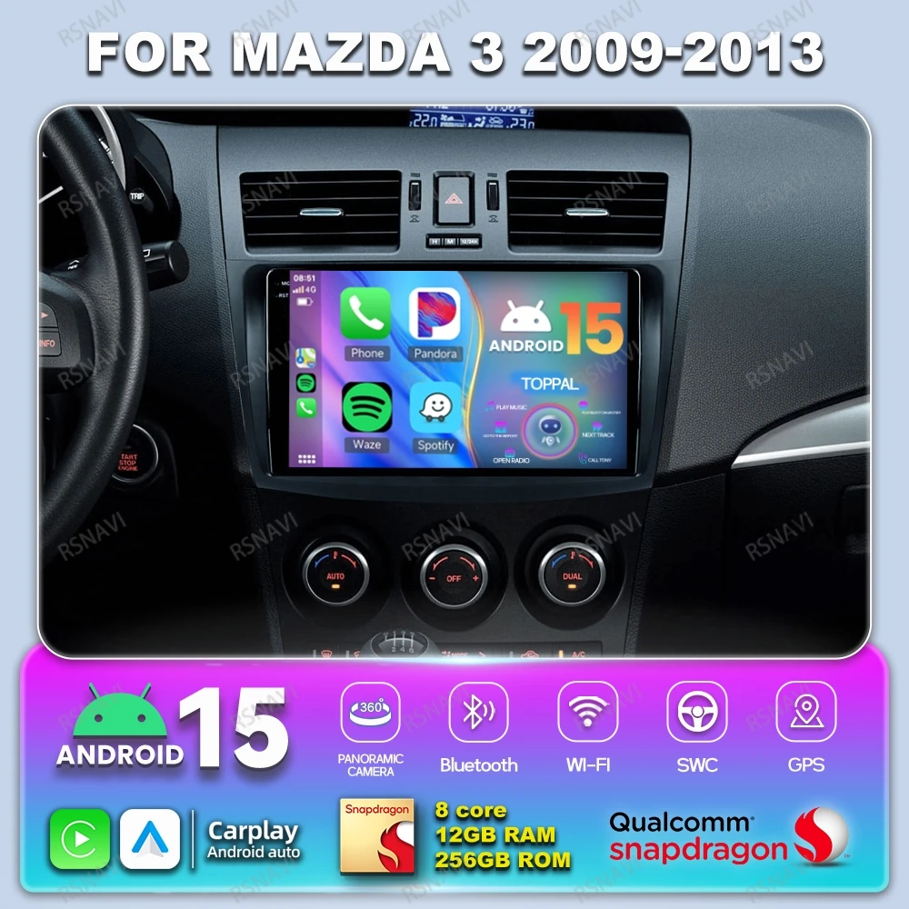 

Android 15 Car Radio For Mazda 3 2009-2013 Qualcomm BT GPS Wireless Carplay Auto Multimedia Navigation Head Unit Viedo Player