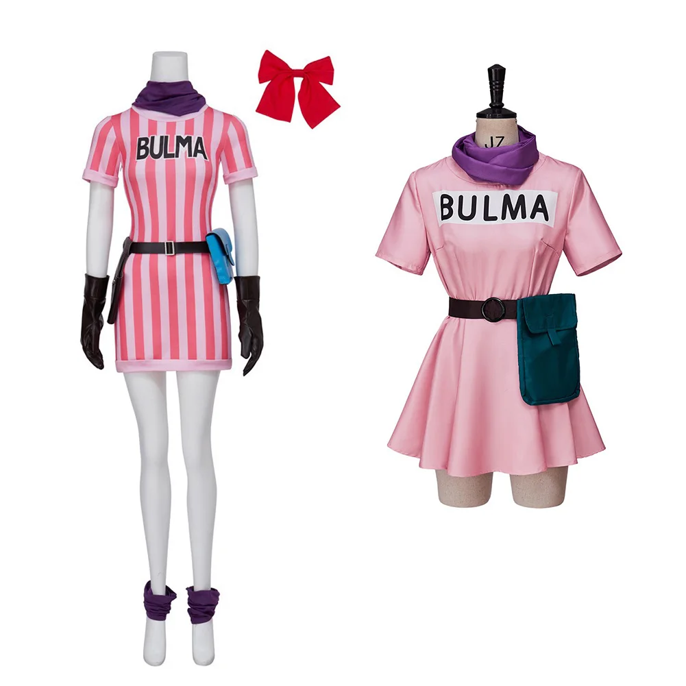 

Bulma Cosplay Costume Anime Pink Dress Waistbag Scarf Full Set Disguise Clothing Halloween Carnival Suit