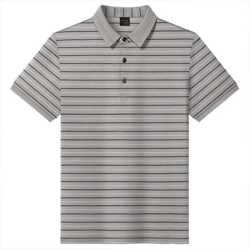 Summer Men Short Sleeve Smooth Stripe Polo Shirts Male Clothing New Streetwear Fashion Grey Social Business Casual Basic Tops