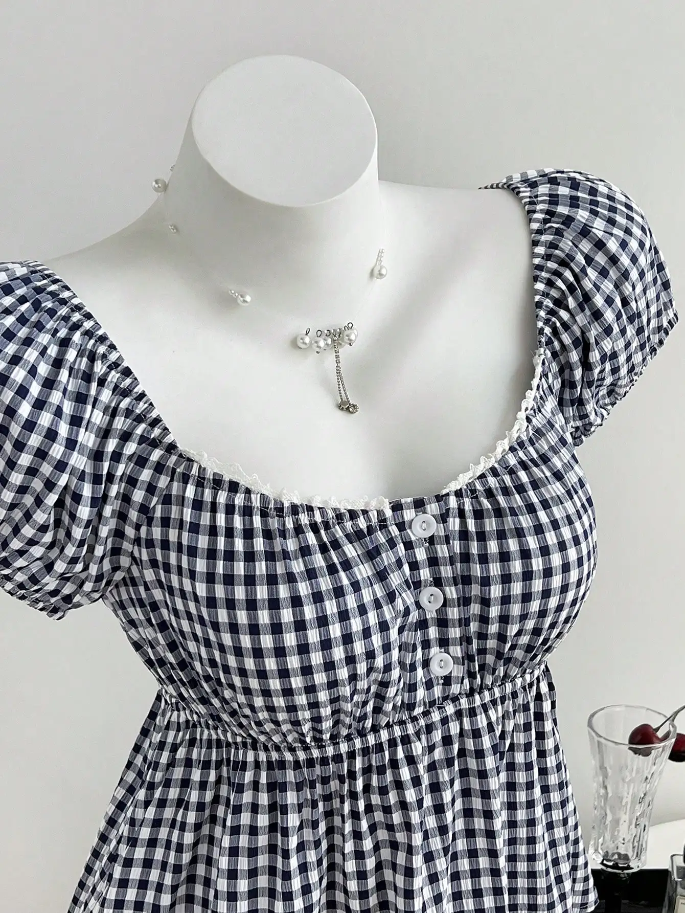 

Women's Gingham Plaid Puff Sleeve Blouse With Lace Trim And Buttons