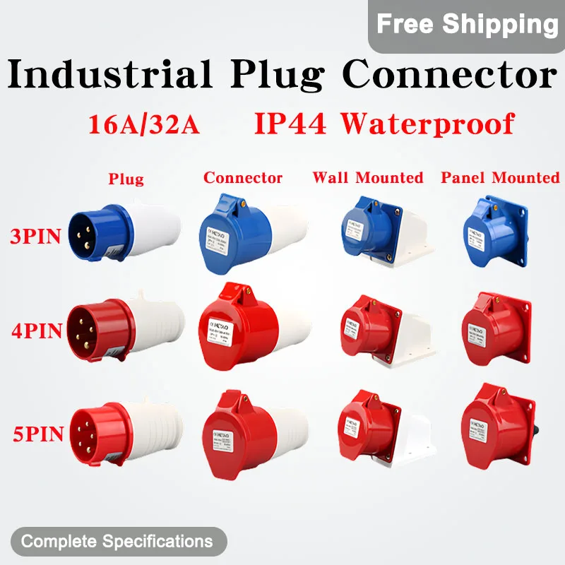 

5PCS Industrial Plug Connector 3P/4P/5P 16A/32A IP44 Waterproof Male Female Wall Mounted Socket 220V 380V 415V Industrial Plug