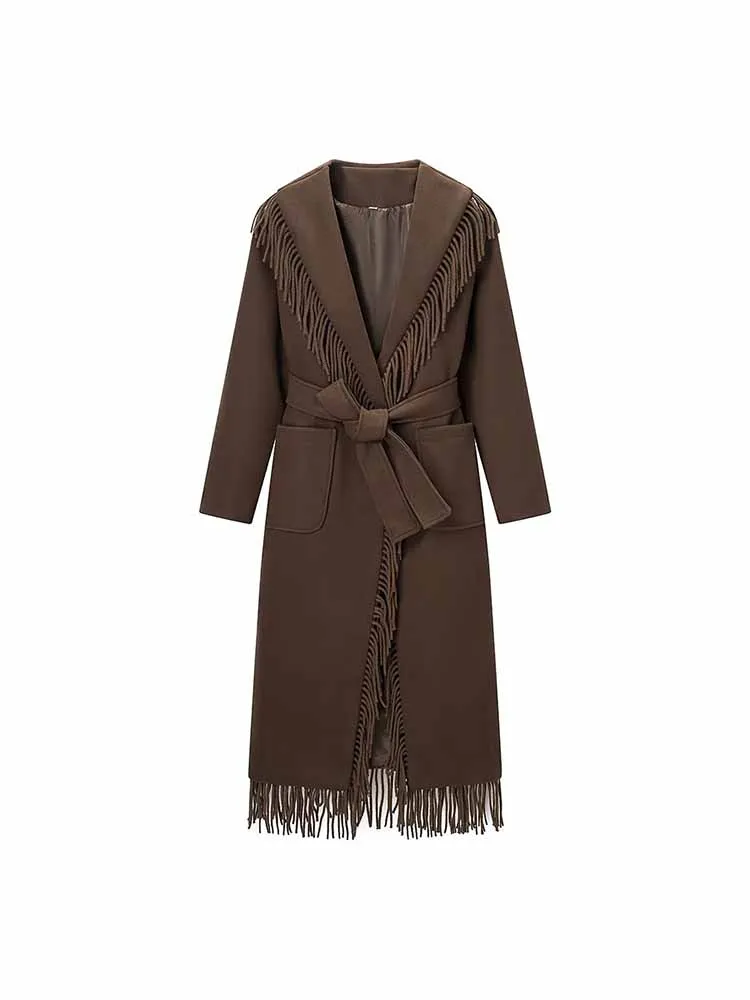 

European and American style winter new fashionable and simple women's clothing design versatile tassel mid-length coat