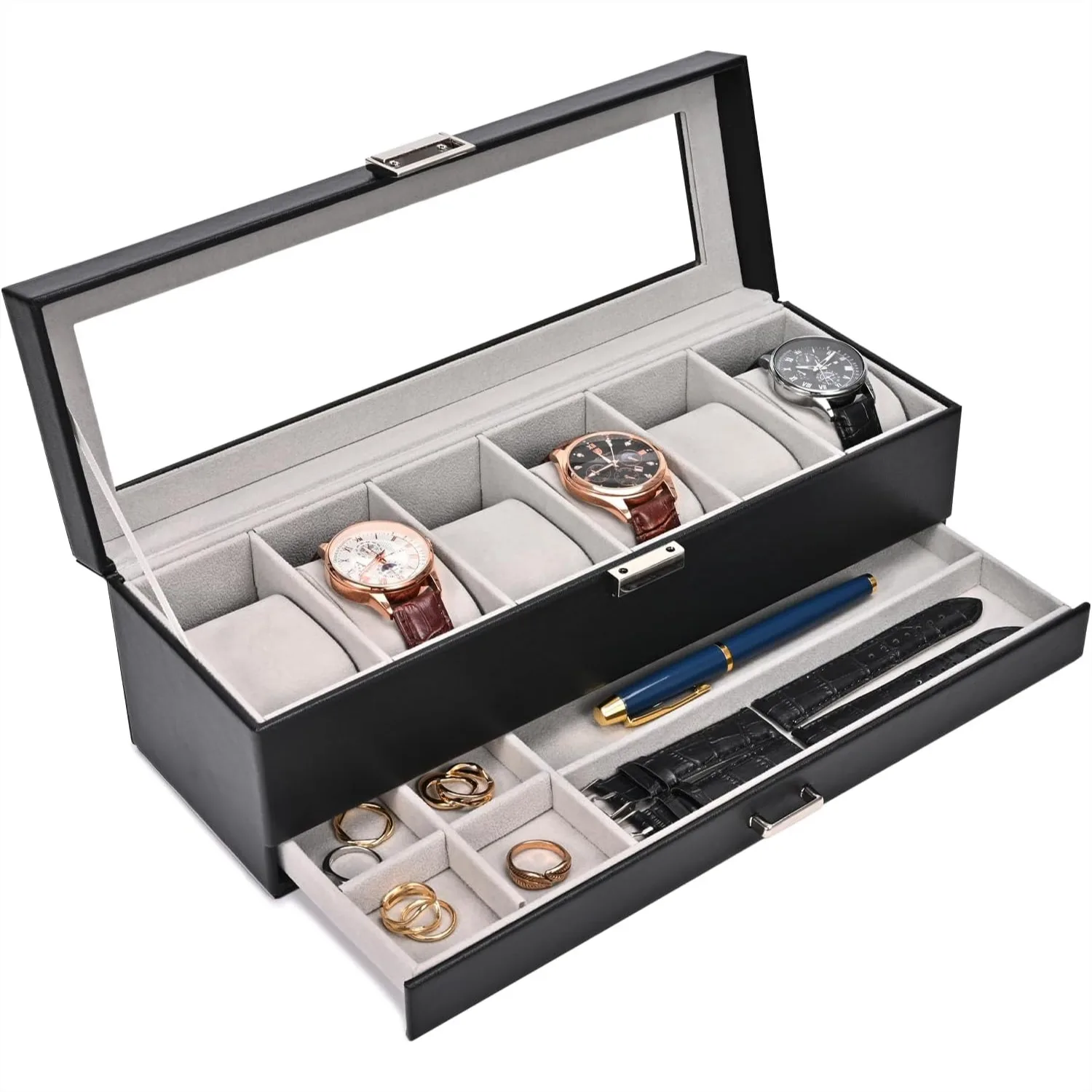 Watch Box with 6 Slots and Drawer, 2-Layer Mens Watch Case with Glass Lid for Storage and Gift Giving, Black