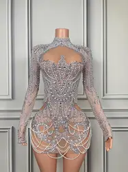 Luxurious Full Rhinestones Pearl Short Dress Women Evening Prom Celebrate Dress Sexy Mesh Transparent Singer Show Party Wear