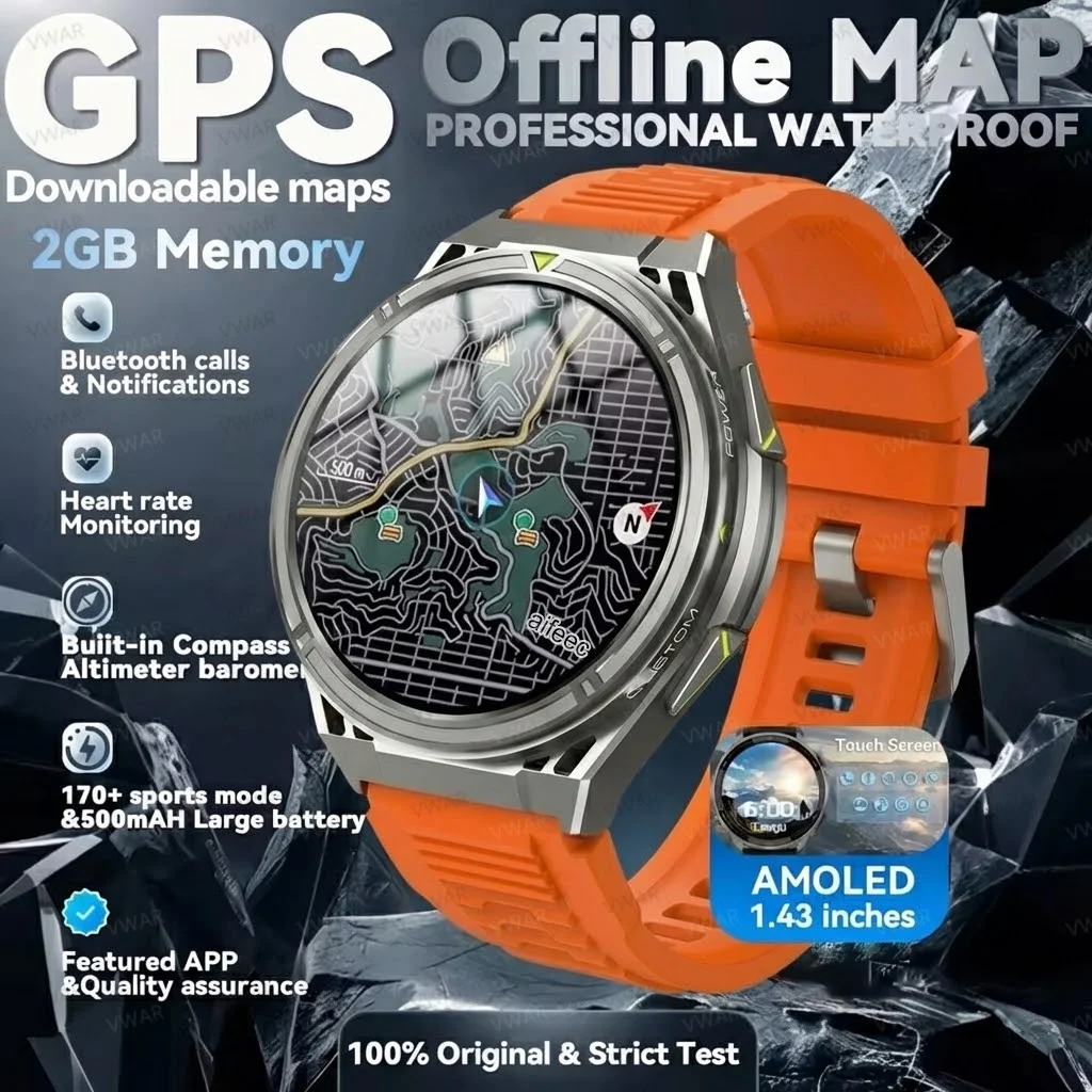 

2026NEW GPS Offline Maps Smart Watch 1.43" AMOLED Military Sports Smartwatch 2GB Memory Local Music 50m Swim Waterproof Bracelet