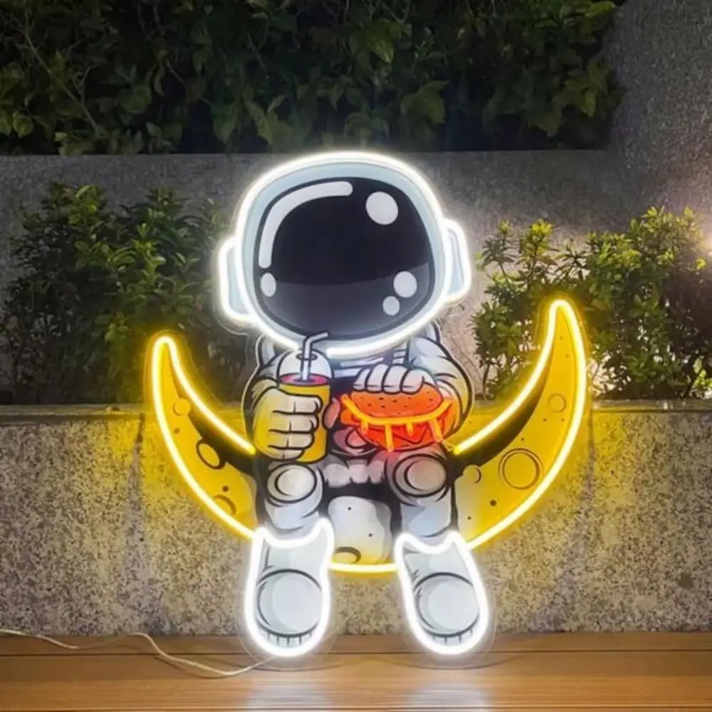 Astronaut Eating Cheeseburger Neon Signs Artwork Moon Led Lights   Spaceman UV Printed LED Light Sign for Bedroom Space Themed