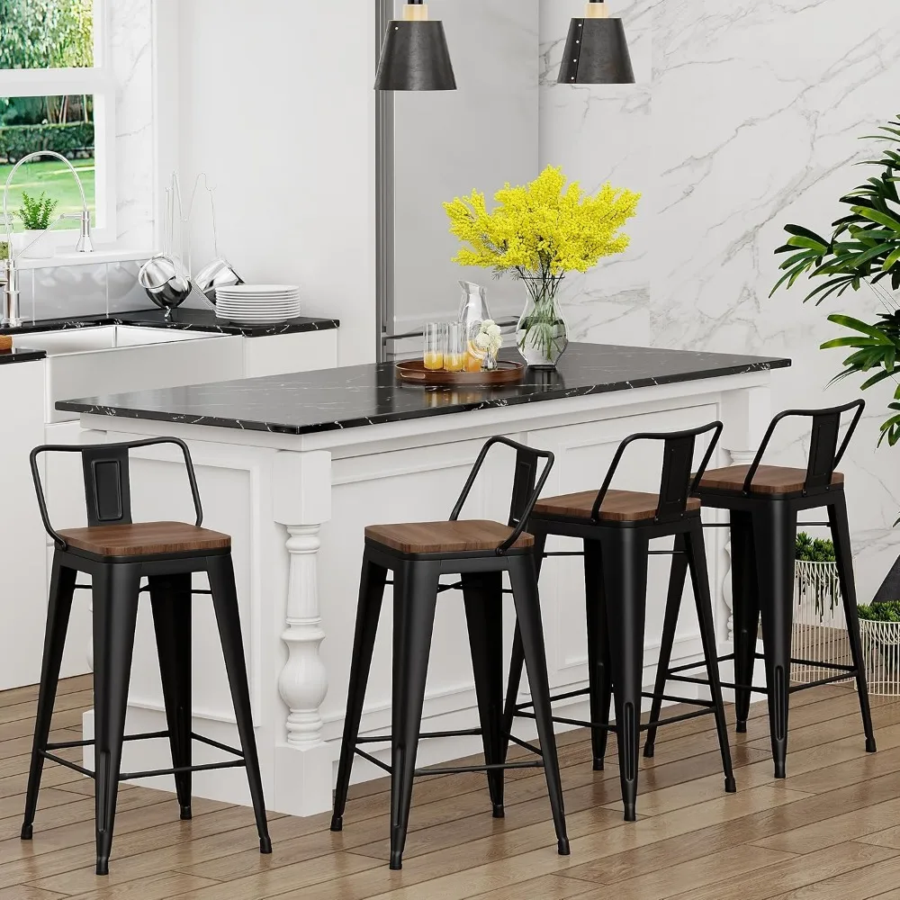 26 inch Bar Stools Set of 4 Kitchen Counter Height Barstools with Wood Seat Metal Low Back Bar Chairs Matte Black