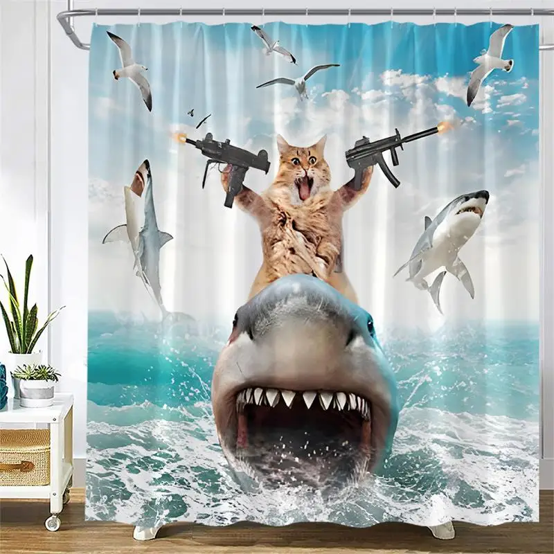 Funny Cat Shower Curtains Fun Animal Riding Dinosaur Nautical Blue Ocean Sea Waves Bath Curtain Kids Bathroom Decor with Hooks