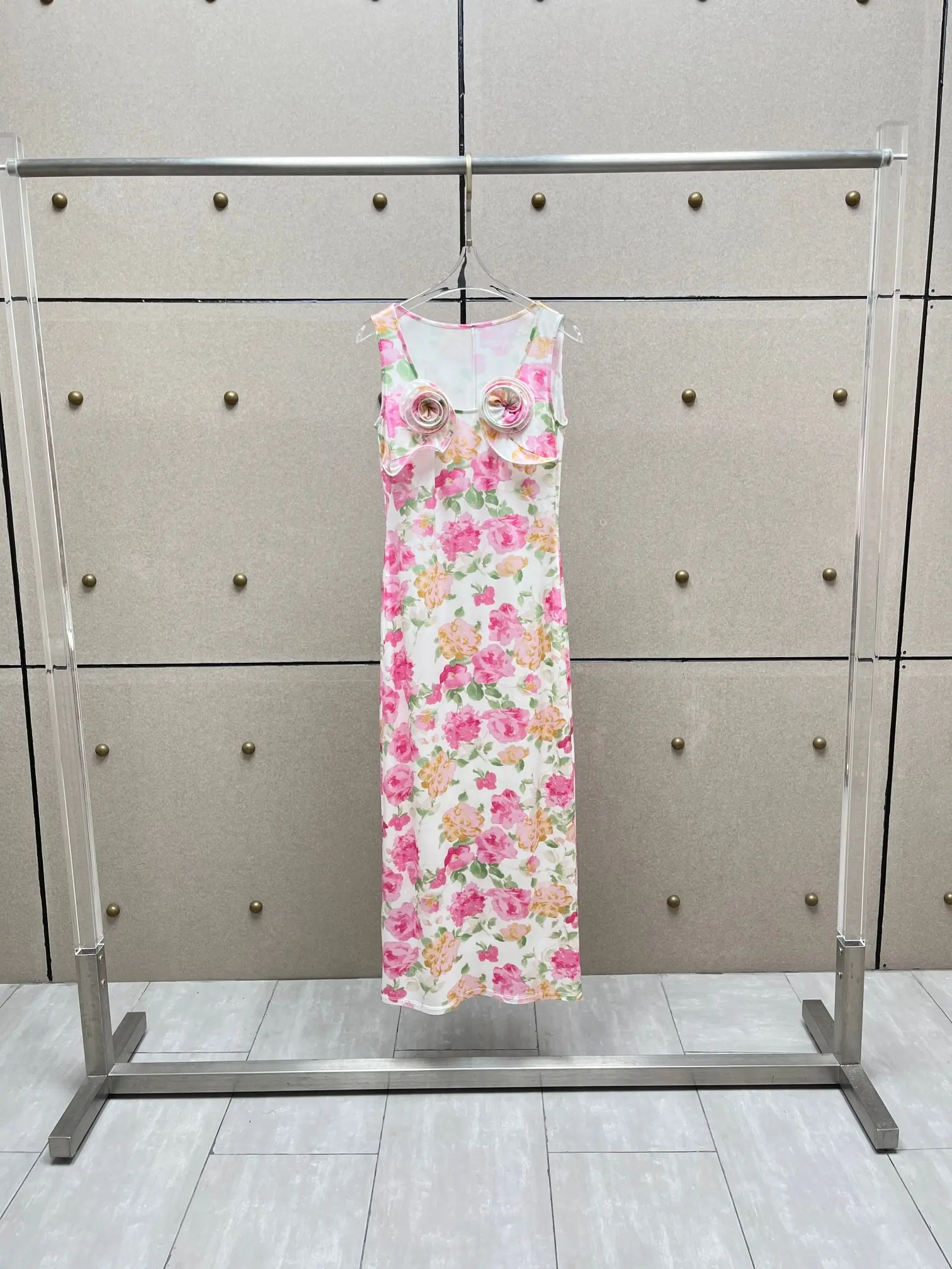 2025 Summer Women's Floral Sleeveless Maxi Dress - Elegant A-Line Pink Flower Design, Lightweight Stretch Fabric, Casual & Party