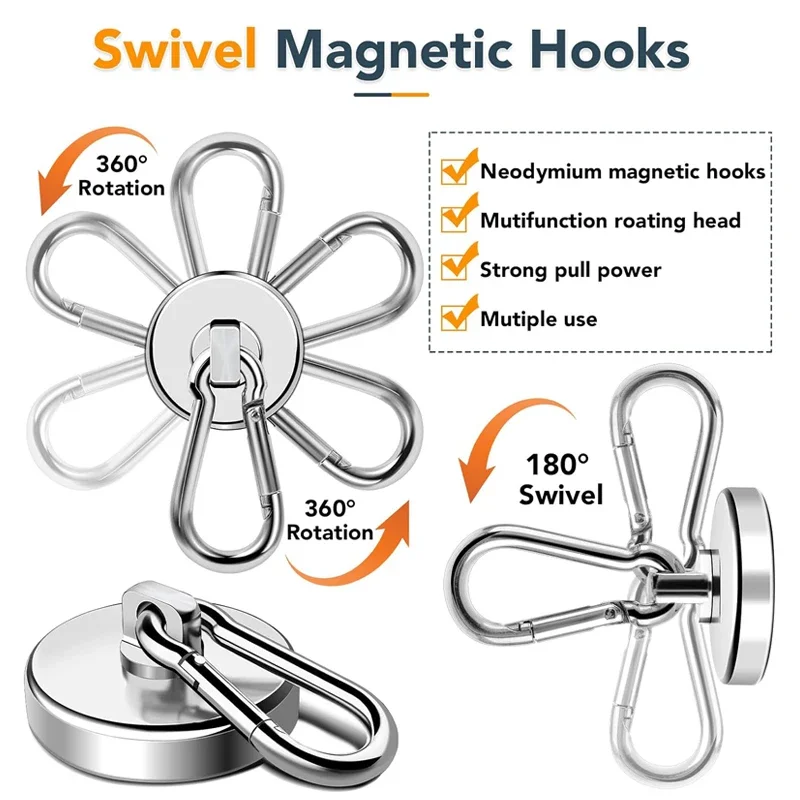 Ganchos magnéticos fuertes, gancho magnético de neodimio de alta resistencia con mosquetón giratorio, succión magnética para refrigerador de cocina, 10/1 Uds.