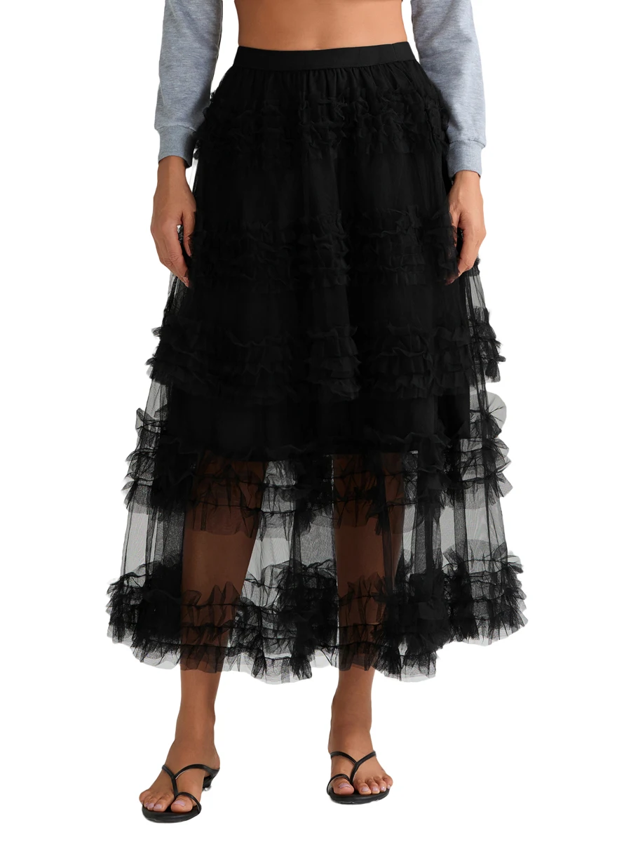 Women s Tulle A-Line Long Skirt High Waist Sheer Mesh Tiered Ruffled Skirt for Summer Spring