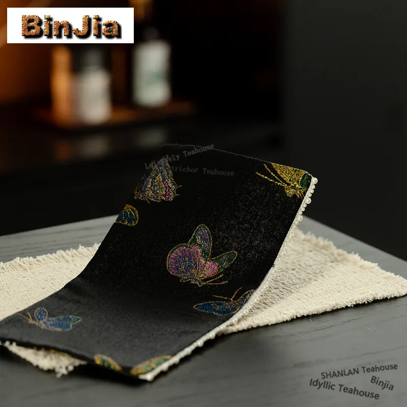 Fabric Embroidered Butterfly Tea Table Mats Japanese Drink Coaster Dinner Table Cloth Mat Chinese Tea Set Supplies Collection