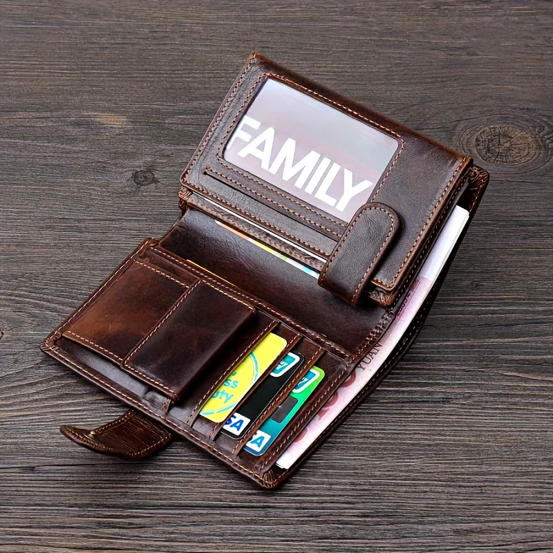 

Мужской короткий кошелек из натуральной кожи, винтажный вертикальный держатель для карт с карманом для монет, тонкий двойной органайзер из воловьей кожи с верхним зерном