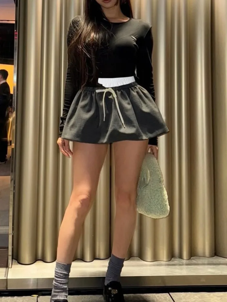 

Skirts For Woman Patchwork Contrasting Double Waist Skirt Simple Style All-match Commuting Casual Bohemian Trendy Mini Leace-up