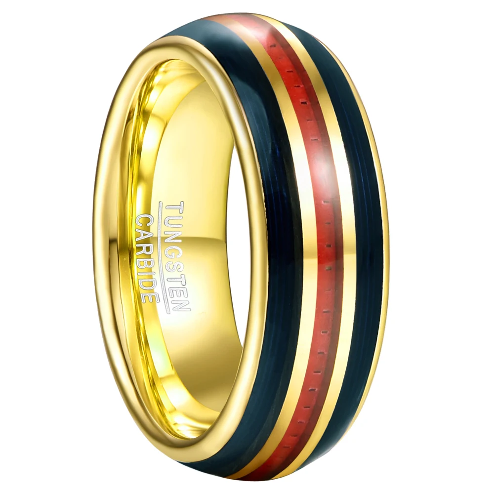 NUNCAD 8mm Electric Gold Inlaid Black Guitar Strings Red Carbon Fiber Dome Tungsten Carbide Ring Men's Wedding Jewelry Gift