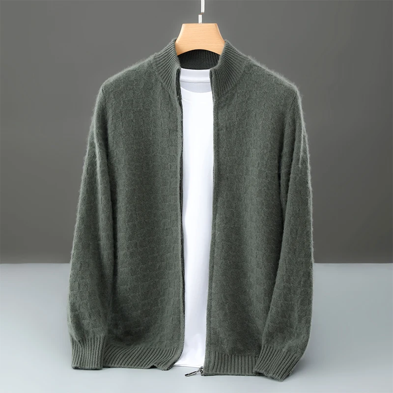 100% Pure Wool Cardigan Men's Round Neck Solid Color Zipper Long Sleeve Knit Coat Loose Cashmere Sweater