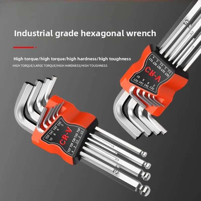 Industrial Grade Hex Key Allen Wrench Set, CR-V Ball End / Torx Head L-Type Allen Key Kit, High Torque Long Arm Hex Wrenches