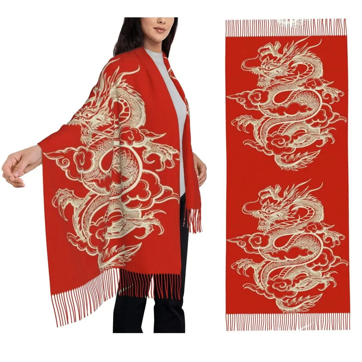 Customization Chinese Dragon Asian Oriental Style Art Scarf Tassel Scarves Women Soft Warm Shawls And Wraps Long Fall Winter Sha