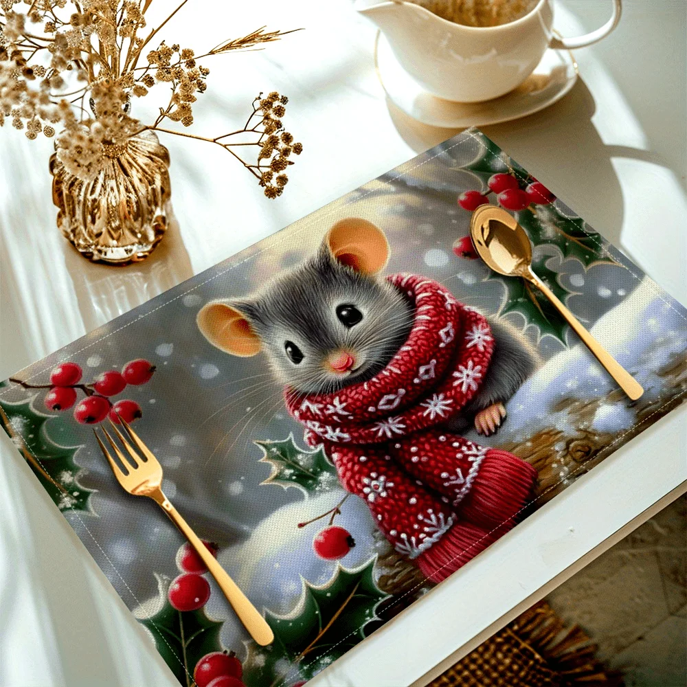 Christmas Mouse Printed Polyester Placemats - Machine Washable, Woven Rectangle Table Mats for Kitchen Dining Decor