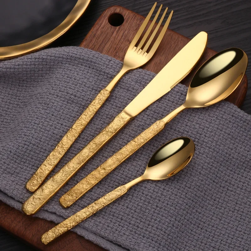18/10 Stainless Steel Gold Cutlery Tableware Spoon Fork Set Stone Design Handle Luxury Vintage Cutlery Dinnerware Sets