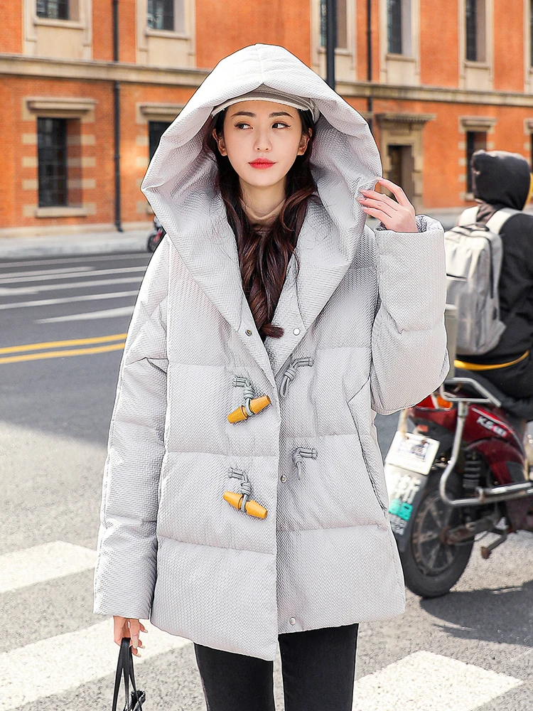 

Horn Button Down jacket women 2022 winter new style Korean horn buckle hooded was thin thick warm coat WY1042