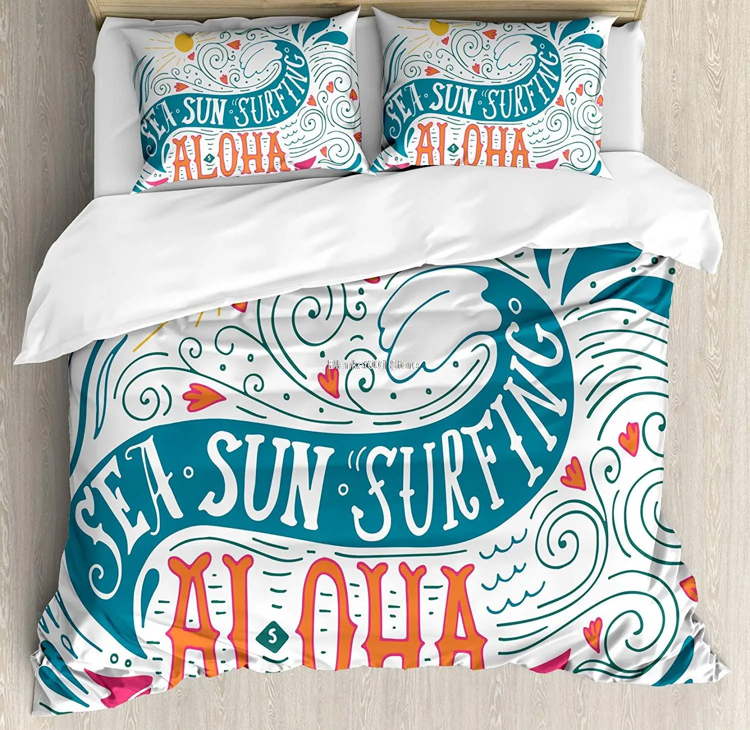 

Hawaiian Duvet Cover Set Queen Size Sea Sun Surfing Typography with Ocean Waves Aloha Tropical Print Decorative 3 Piece Bedding