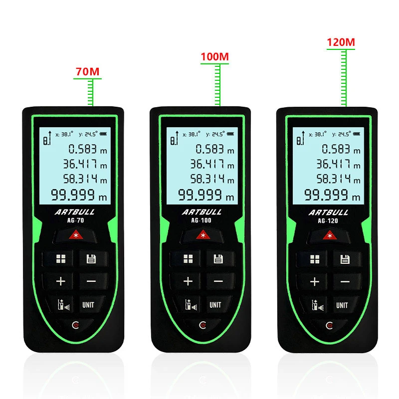 Telemetro Laser verde ARTBULL con display angolare 70m 100m 120m misuratore di distanza Laser ricaricabile metro a nastro