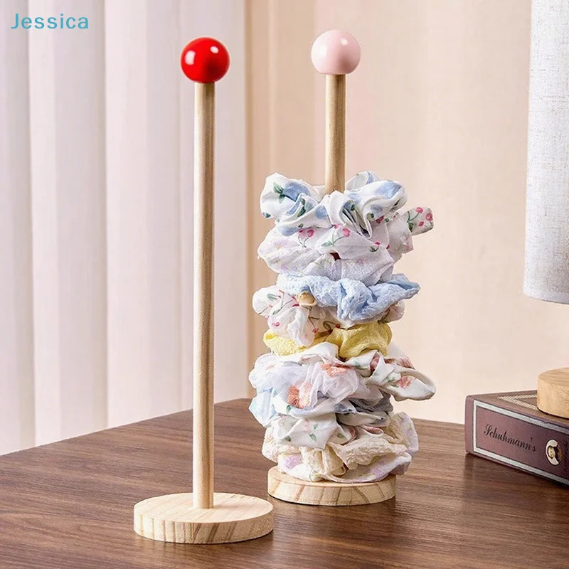♥Wooden Scrunchie Holder Stand – Hair Tie Organizer with Ball Top for Vanity & Bedroom Decor