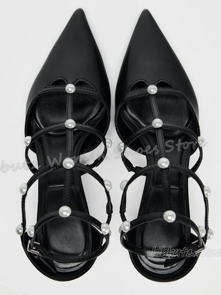 Pearls Belt Buckle Pumps Fashion Elegant Concise Sexy Luxury Party Women Shoes New Pointy Thin Heels Novelty Leather Solid Color