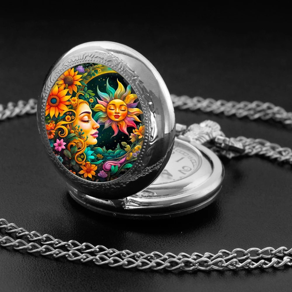 Personalised Silver Stainless Steel Flower Sun and Moon Glass Dome Quartz Pocket Watch Necklace Women Jewelry Pendant Chain