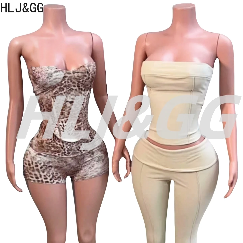 HLJ&GG Fashion Irregular Animal Print Corset Two Piece Sets Women Off Shoulder Crop Top And Shorts Outfits Sexy 2pcs Streetwear