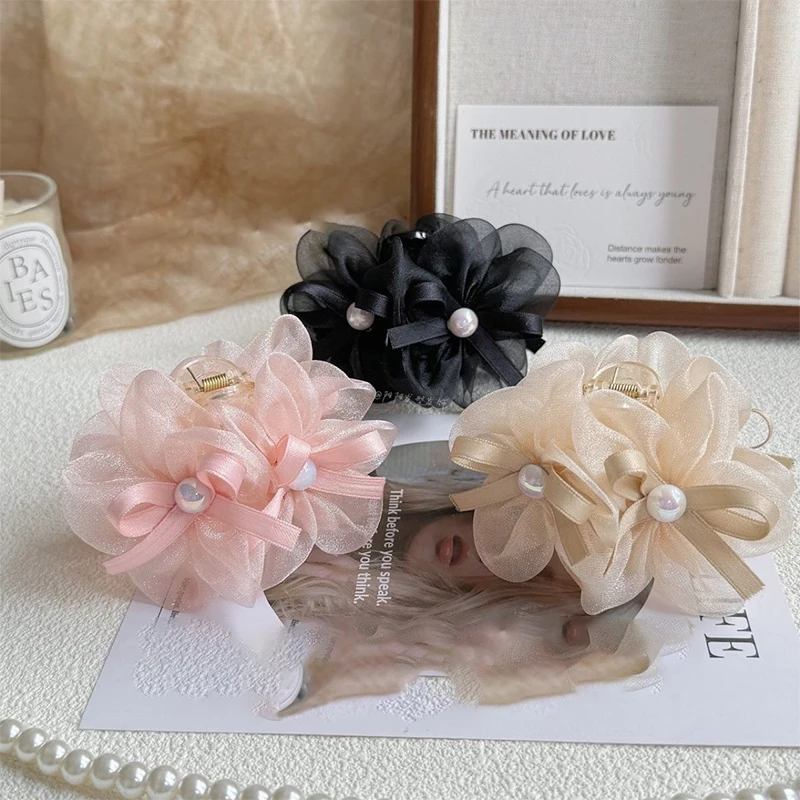 pearl Mesh Double Flower Hair Clip for Woman Sweet Pearl Bow Shark Clip Fashionable Girl's Back Head Hair Clamp