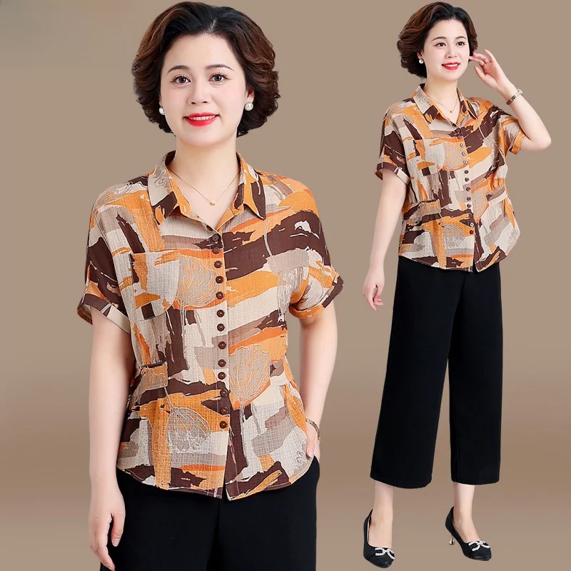 

Summer New Fashion Cotton Linen Set Short Sleeve Shirt Top for Middle-Aged Women Two-Piece Set Loose Fit Comfortable Breathable