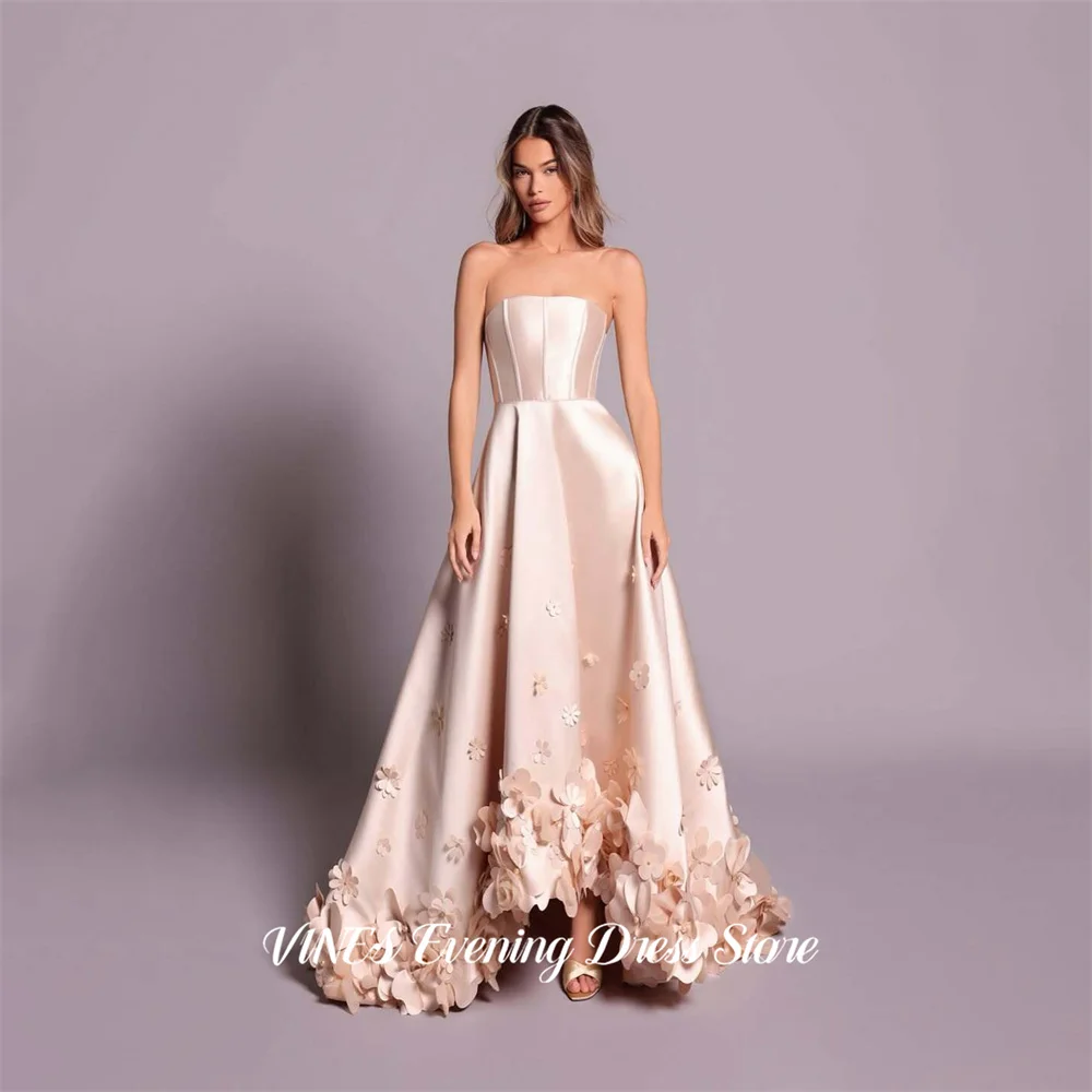 

VINES Blush Satin Party Dresses with 3D Floral Appliques Hem Evening Dresses Sleeveless فساتين السهرة Customized
