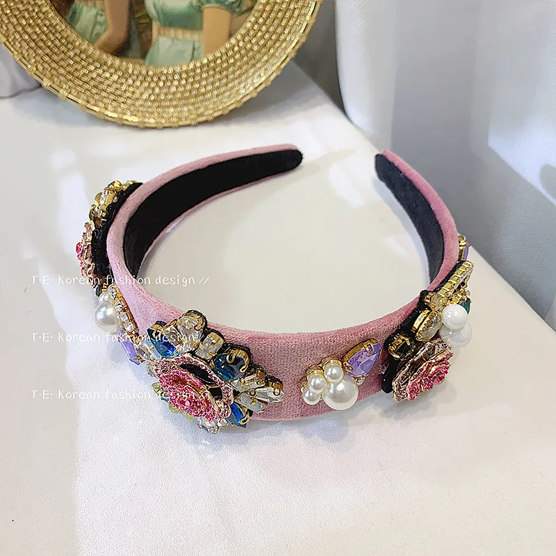 Baroque Romantic Pink Diamond Flower Sparkling Headband Crown Head Wrap Fashion Show Clothing Head Band Bridals Headwear Jewelry