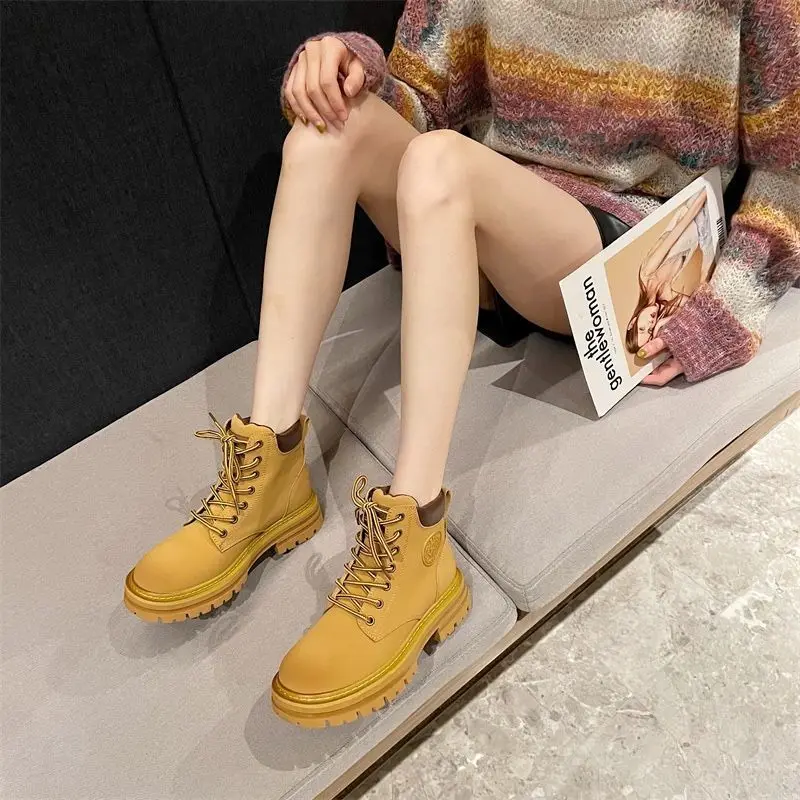 Women's Yellow Ankle Boots Chunky Platform Lace-Up