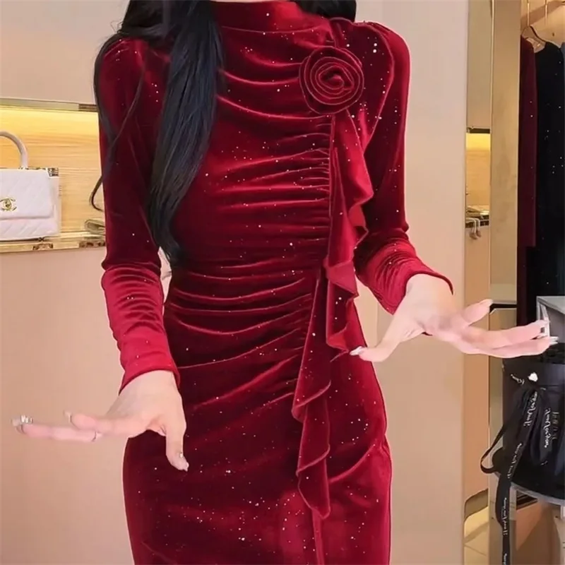 Advanced Ladies Long Sleeves Vestidos French Female Light Luxury Velvet  Long Dresses Spring Autumn Women Solid Color Maxi Dress