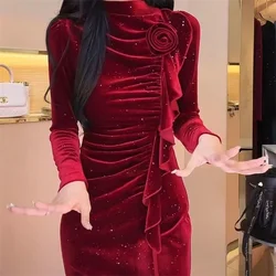 Advanced Ladies Long Sleeves Vestidos French Female Light Luxury Velvet  Long Dresses Spring Autumn Women Solid Color Maxi Dress
