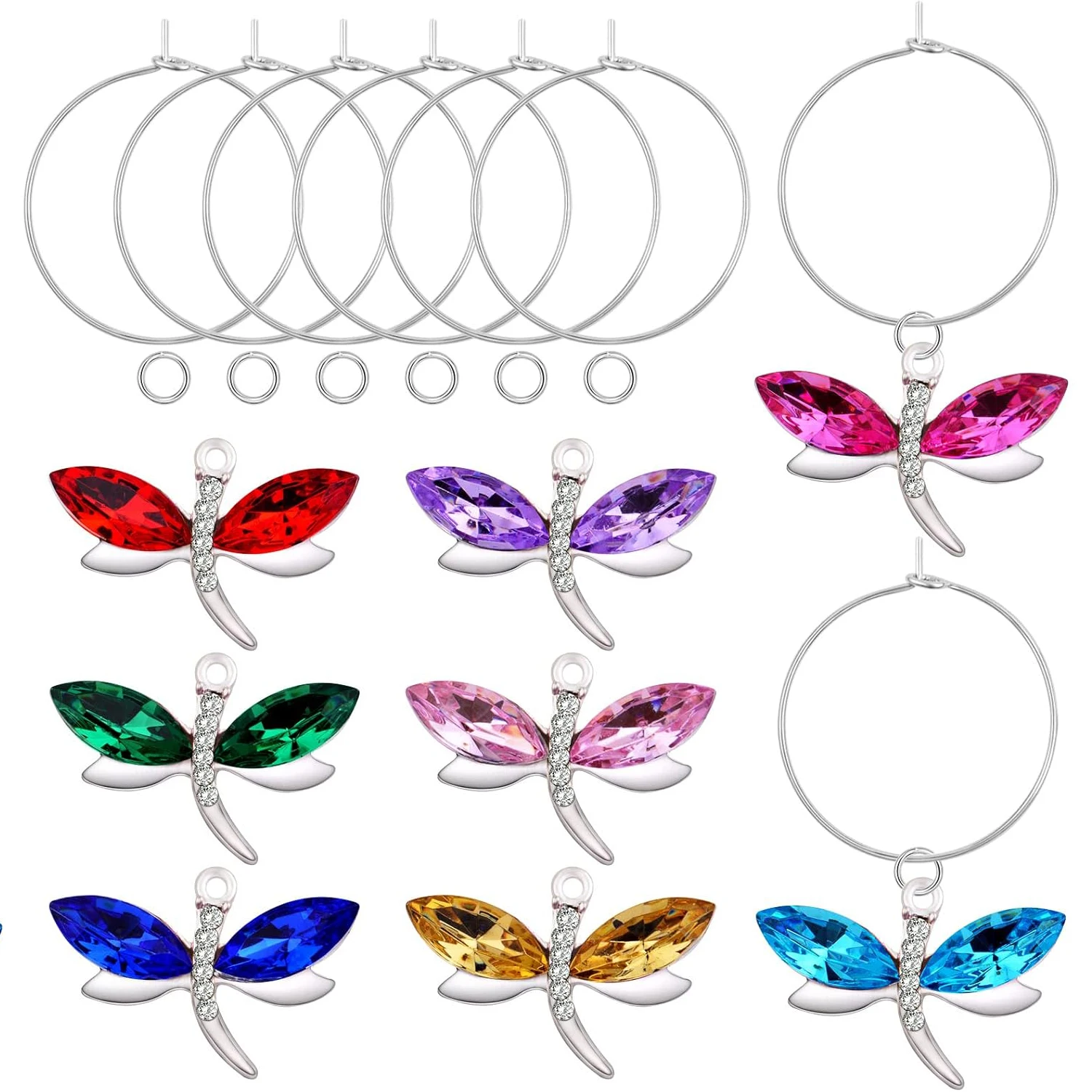 

8 шт. подвесок-шармов в виде стрекоз с кристаллами, 8 цветов, и 8 шт. серебряных маркеров для винных бокалов 25 мм с открытыми соединительными кольцами