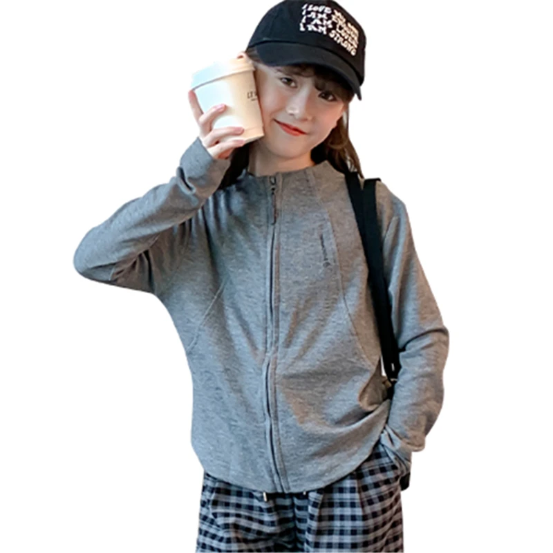 

Hot Sale Children Long Sleeve Cotton T-shirt with Zipper for Tween Girl Brief Style Gray Color Tshirt Kids Spring Fall Clothing