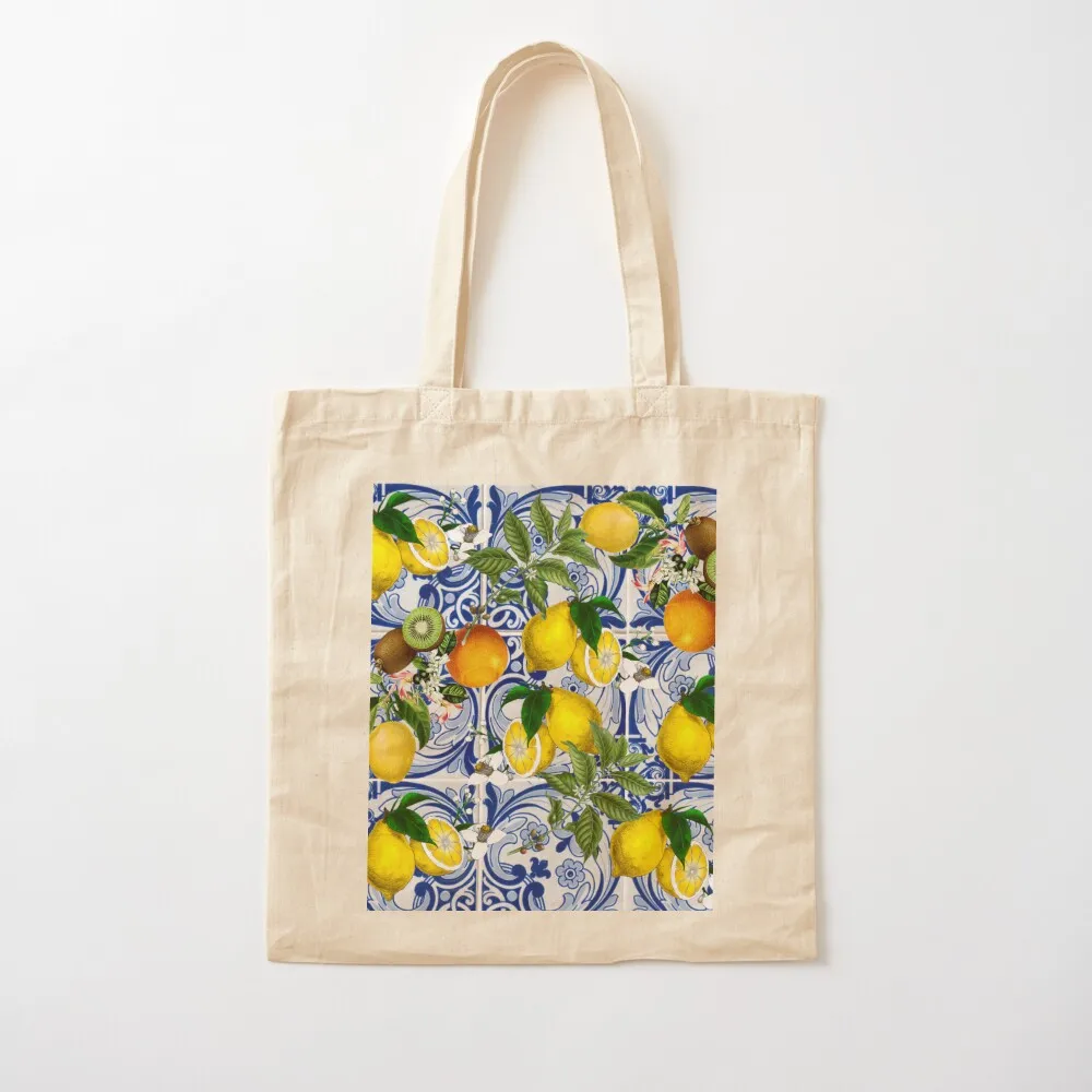 

Mediterranean Lemon on Blue Ceramic Tiles Tote Bag custom bags custom canvas bag tote bag woman Canvas Tote