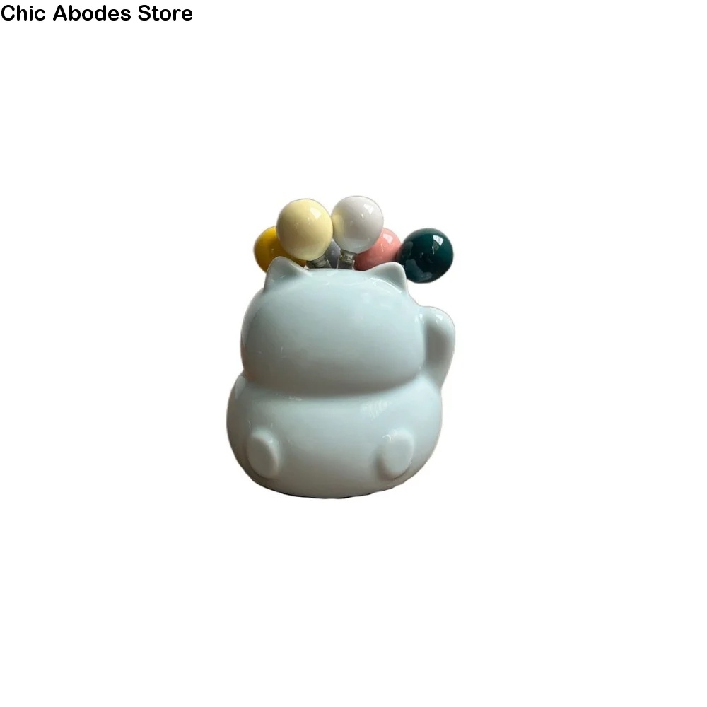 

Cartoon Cat Ceramic Fruit Forks Set Ins Style Solid Color Dessert Forks with Storage Jar Creative Household