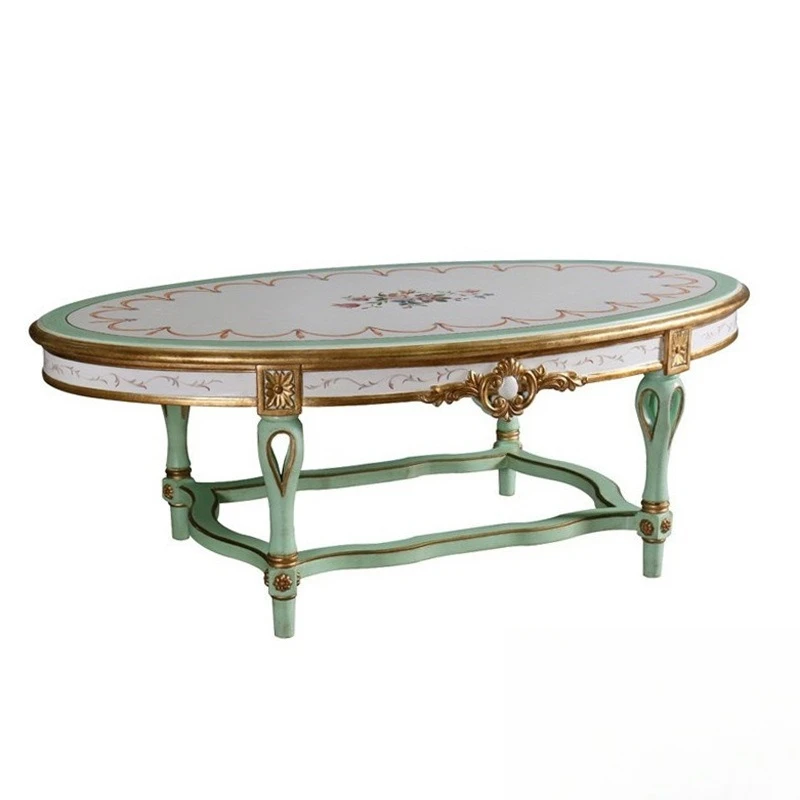 

French European green hand-painted oval mahogany coffee table corner villa complete set of furniture