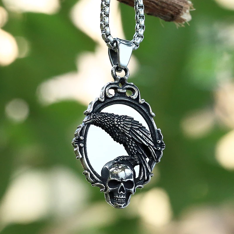 Gothic Stainless Steel 2022 New Arrive Fashion Skull Head With Crow Pendant Necklace Men Women Mirror Charm Christmas Jewelry