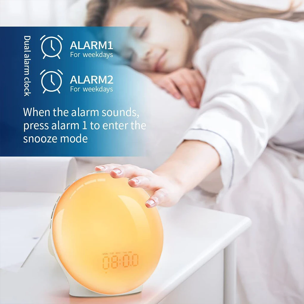 Full Screen Wake Up Light Sunrise Alarm Clock for Kid Heavy Sleeper Bedroom Bedside Table Digital FM Radio with 7 Natural Sounds