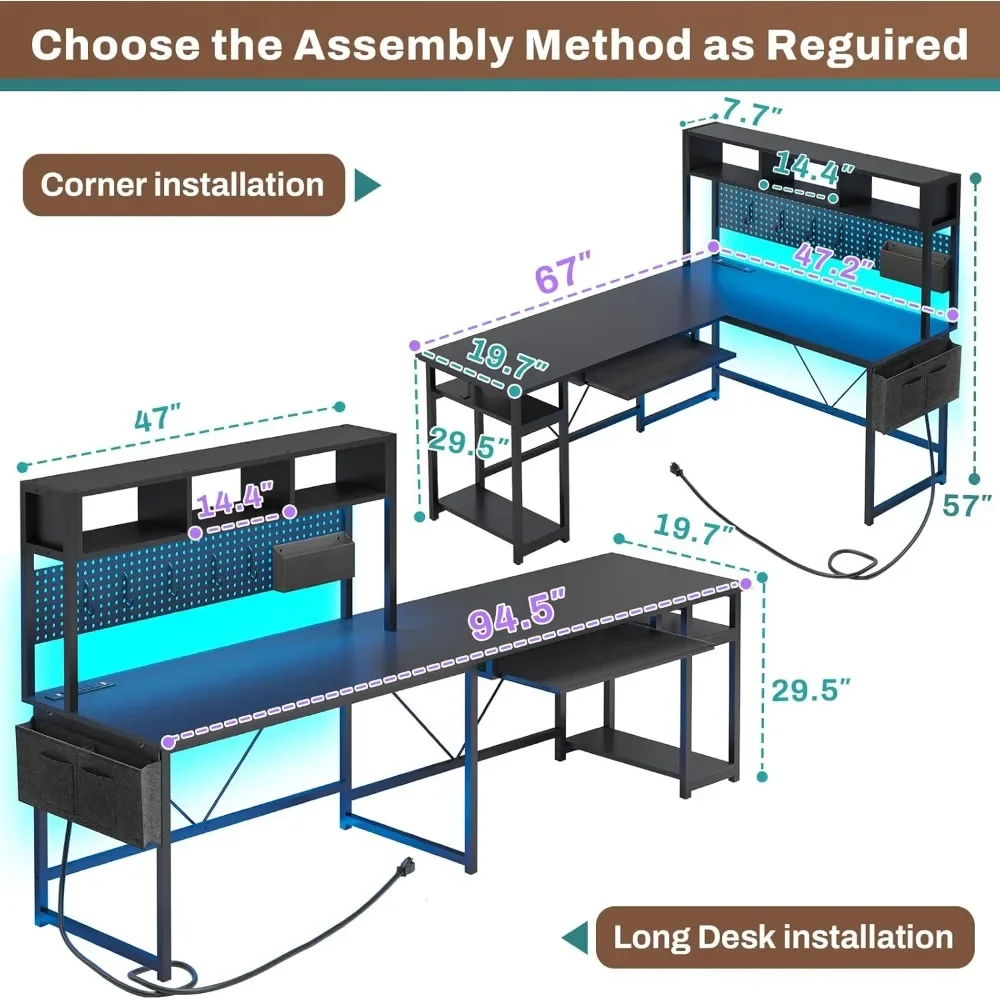 L Shaped Gaming Desk, Reversible Computer Desk with Power Outlet and Pegboard, Gaming Desk with Led Lights, Keyboard Tray