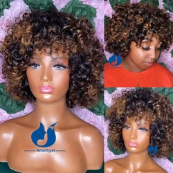 Amethyst Ombre Highlight Rose Curly Fumi Human Hair Wig With Bangs for Women Glueless Full Machine Scalp Top Wig Short Bob Remy
